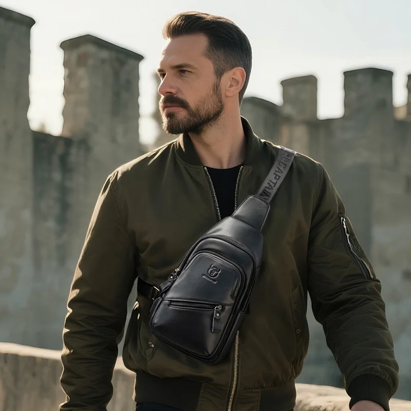 

Large capacity real leather men's cross-body chest bag tablet computer mobile phone storage multi-pocket shoulder backpack