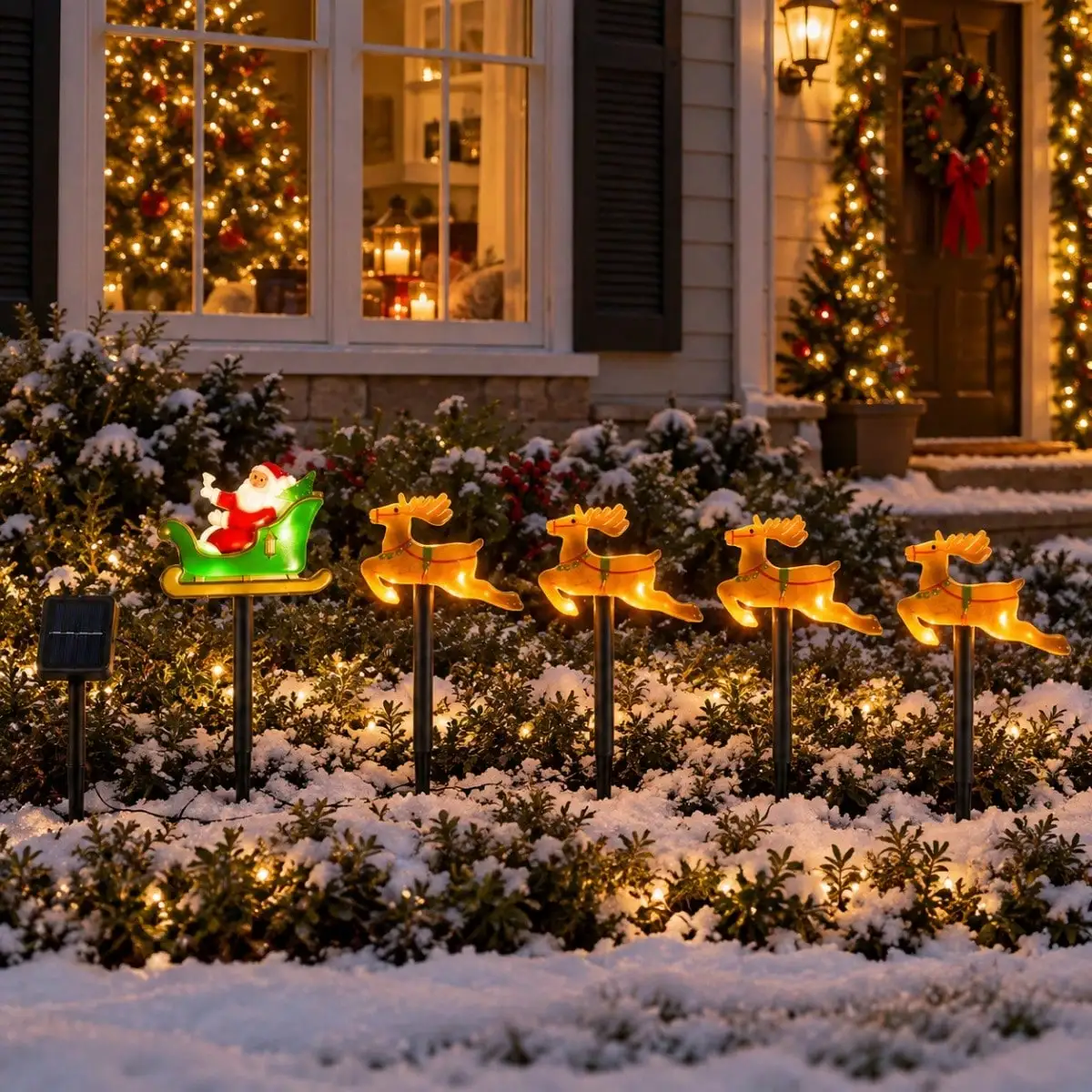 5pcs/set Christmas Solar Stake Lights Santa Sleigh & Reindeer & Sled Outdoor Solar Pathway Light For Garden Yard Festive Decor