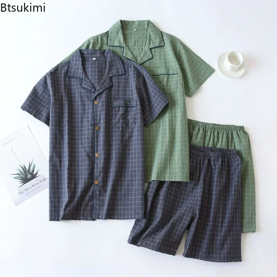 New Men's Casual Cotton Pajama Sets Japanese Style Plaid Thin Short Sleeve Tops+Shorts Homewear Suit Summer Men Simple Sleepwear