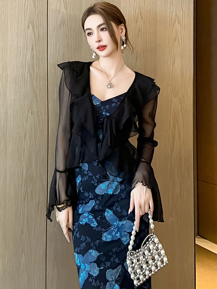 

New Summer Chic Elegant Chiffon Black Short Shirt Women Cardigan Sweet Ruffle Flare Sleeve V-Neck Tops Lace-up Slim Female Coat