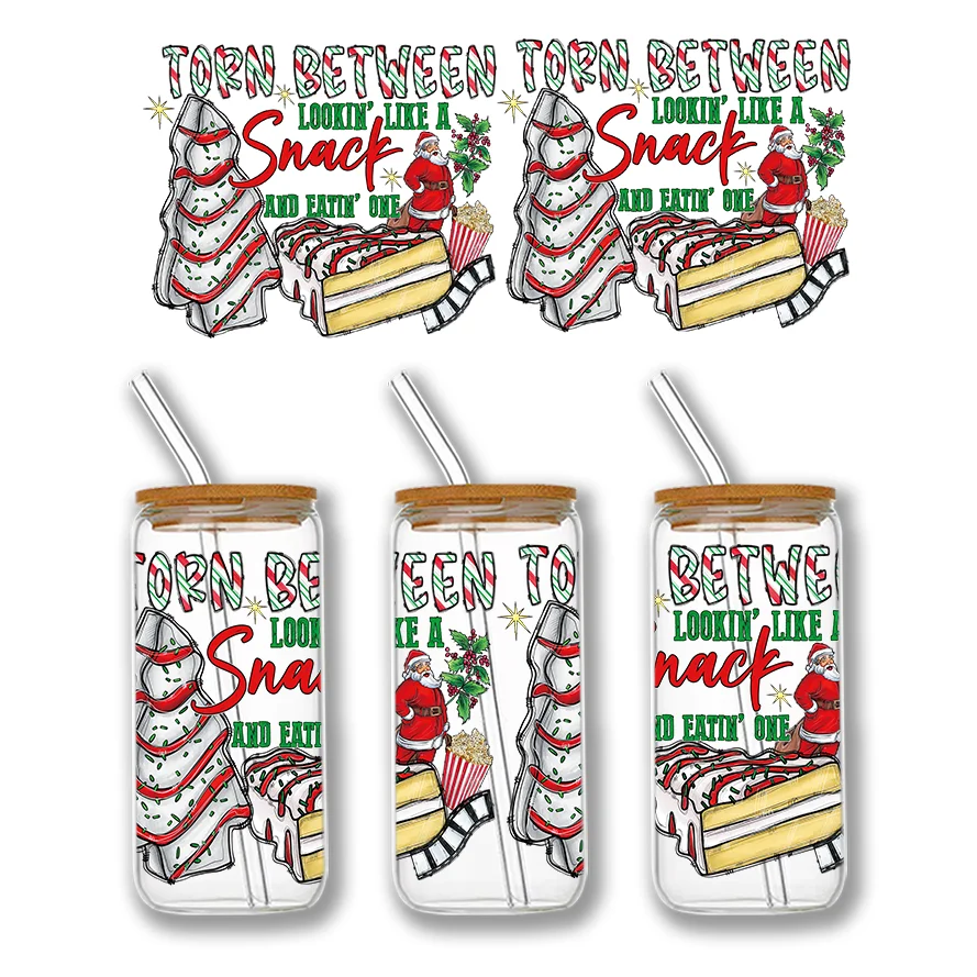 Desenhos animados de Natal UV DTF Cup Wraps, Transferências Adesivo, 16oz, Libbey Glass Can, DIY, Atacado