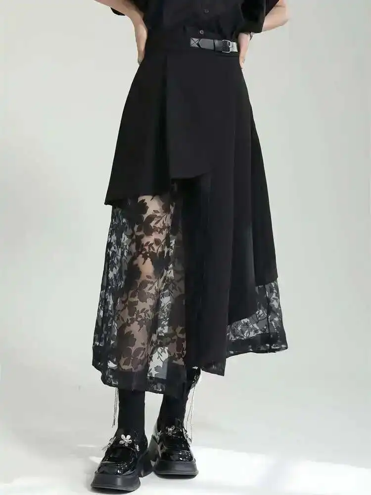 High Elastic Waist Black Spliced Mesh Irregular Casual Half-body Skirt Women Fashion Tide New Spring Autumn