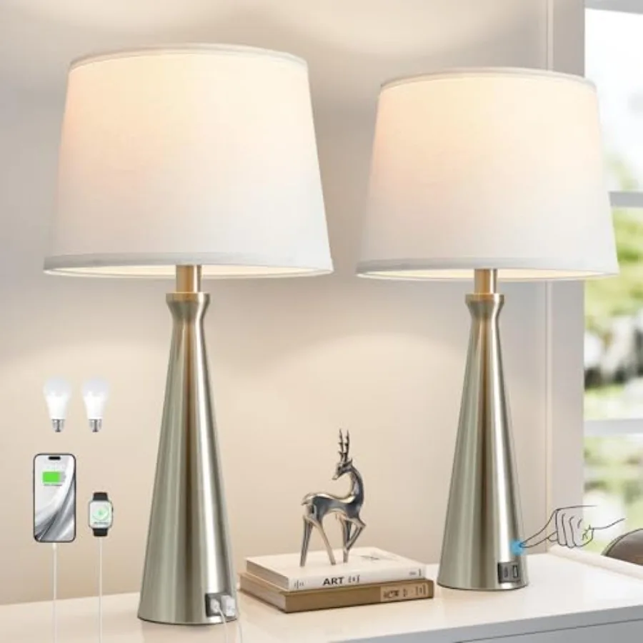 

Modern Table Lamps Set of 2 - Touch Bedside Lamp for Nightstand with Dual USB C+A, 3-Way Dimmable Silver Nightstand Lamps for L