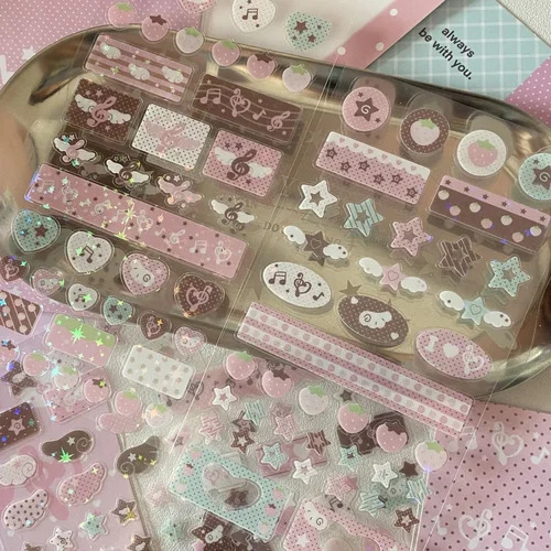 Pegatina de nota Musical de estrella rosa Kawaii Y2k, papelería para niñas, funda de teléfono, auriculares, calcomanías DIY, pegatinas decorativas láser brillantes