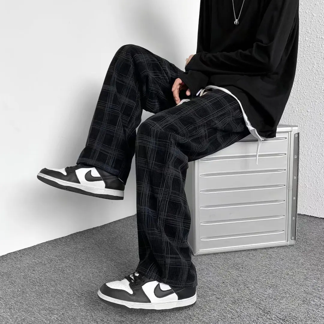 Mens Plaid Pants Spring and Autumn Straight-leg Trend Loose Wide-leg Sports Nine Points Casual Pants