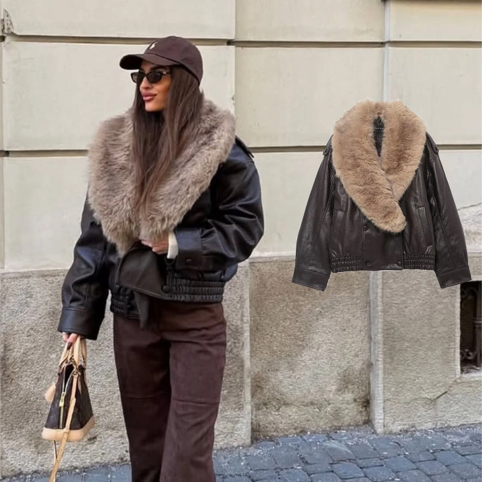 

HH 2025 Winter Women's Elegant Coats Brown Fur JacketWith Large Fur Collar Long Sleeves Female Vintage Fashion Streetwear