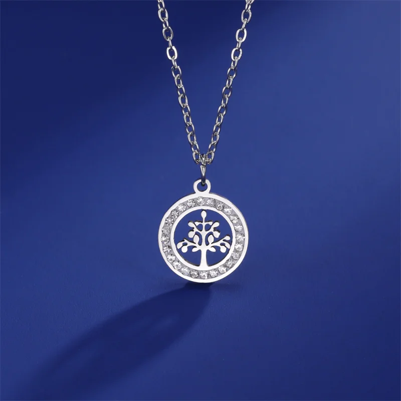 Trendy Edelstahl Strass Baum des Lebens Anhänger Halskette Für Frauen Charme Sommer Schlüsselbein Kette Schmuck Colgantes Cadena – Detail 19