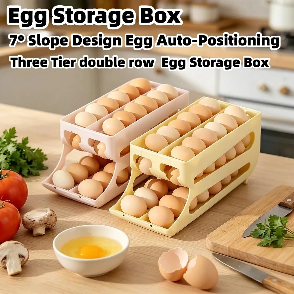 Premium Egg Storage Box Three Tier double Row Ladder Style Large Capacity Egg Auto-Positioning Rolling Refrigerator Egg Storage