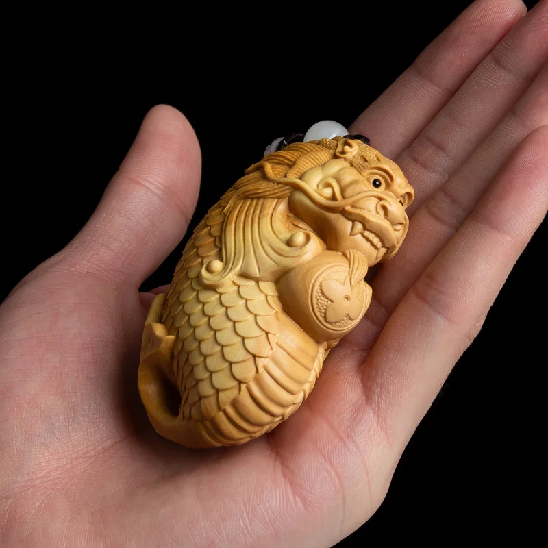 XS686 - 6*4*2.0 CM Carved Boxwood Carving Figurine Netsuke Home Decor :  Dragon Fish