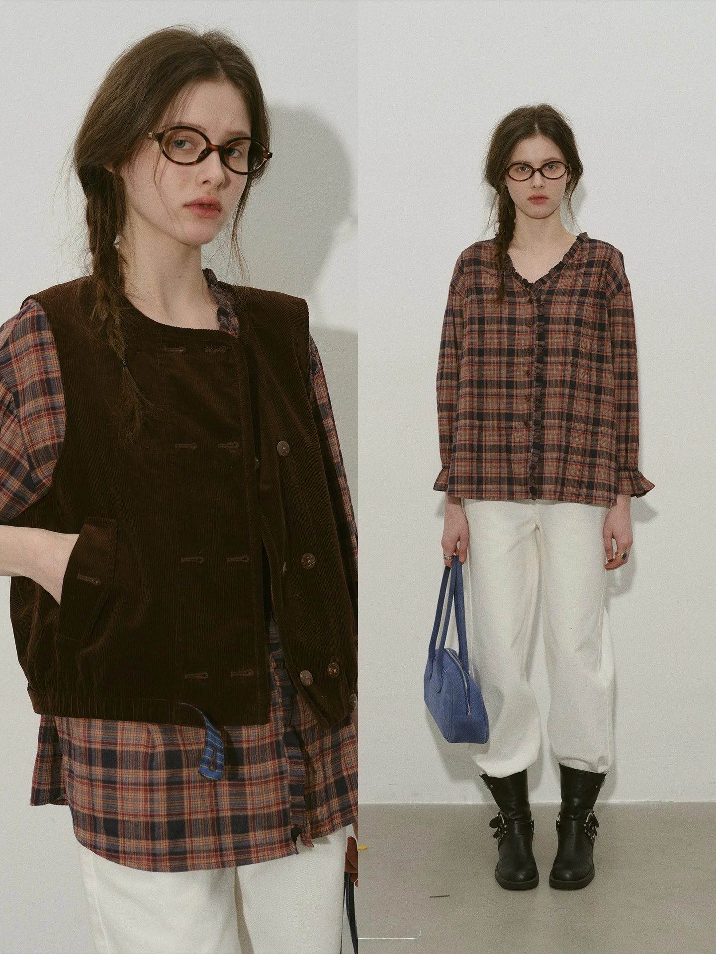 

Relez Plaid irt Women Loose Long Sve V-Ne Cotton Breathable Cheered Pattern Gentle Vintage Sle Slimming Versatile