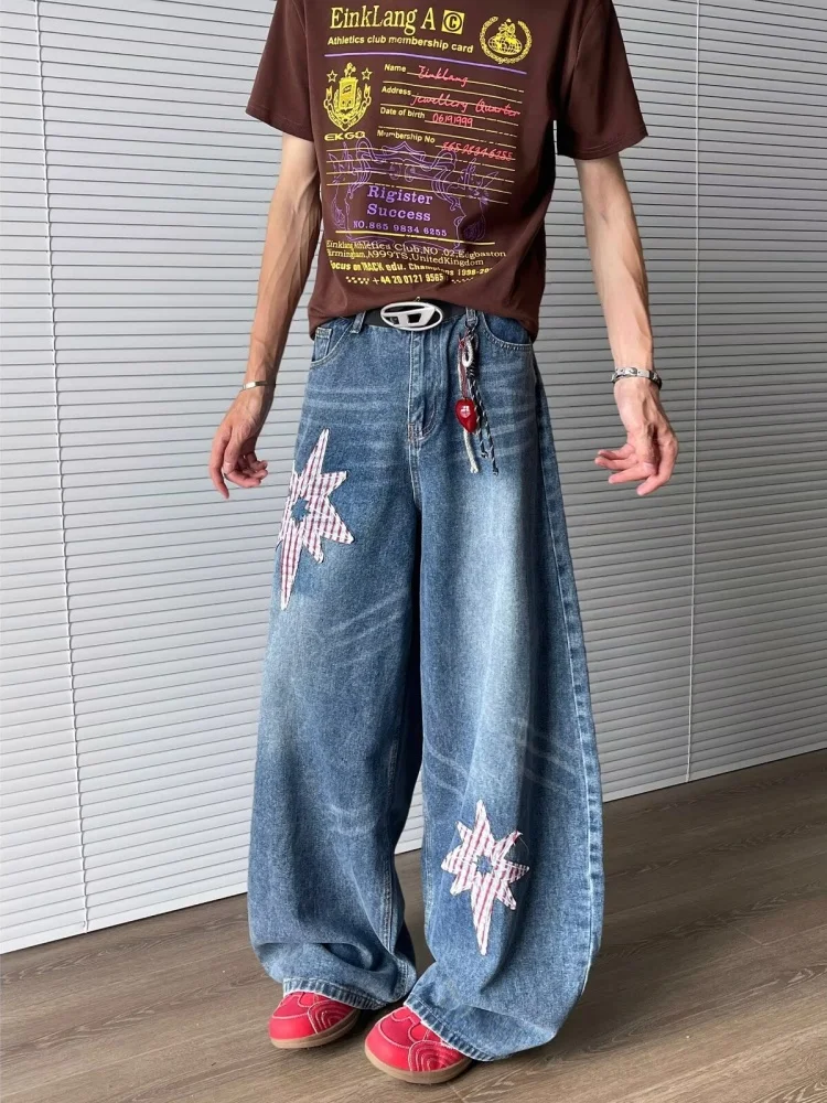 2025年日本のY2Kファッションスター刺繍バギースタックドジーンズパンツメンズ服ヴィンテージブルーストレートゴシックデニムトラウザーズ