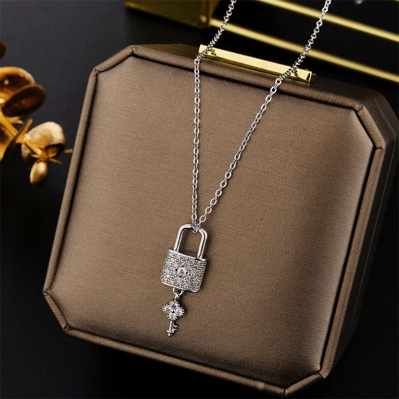 New In Light Luxury Zircon Crystal Tassels Key Lock Pendant Stainless Steel Necklaces For Women Trendy Female Clavicle Chain