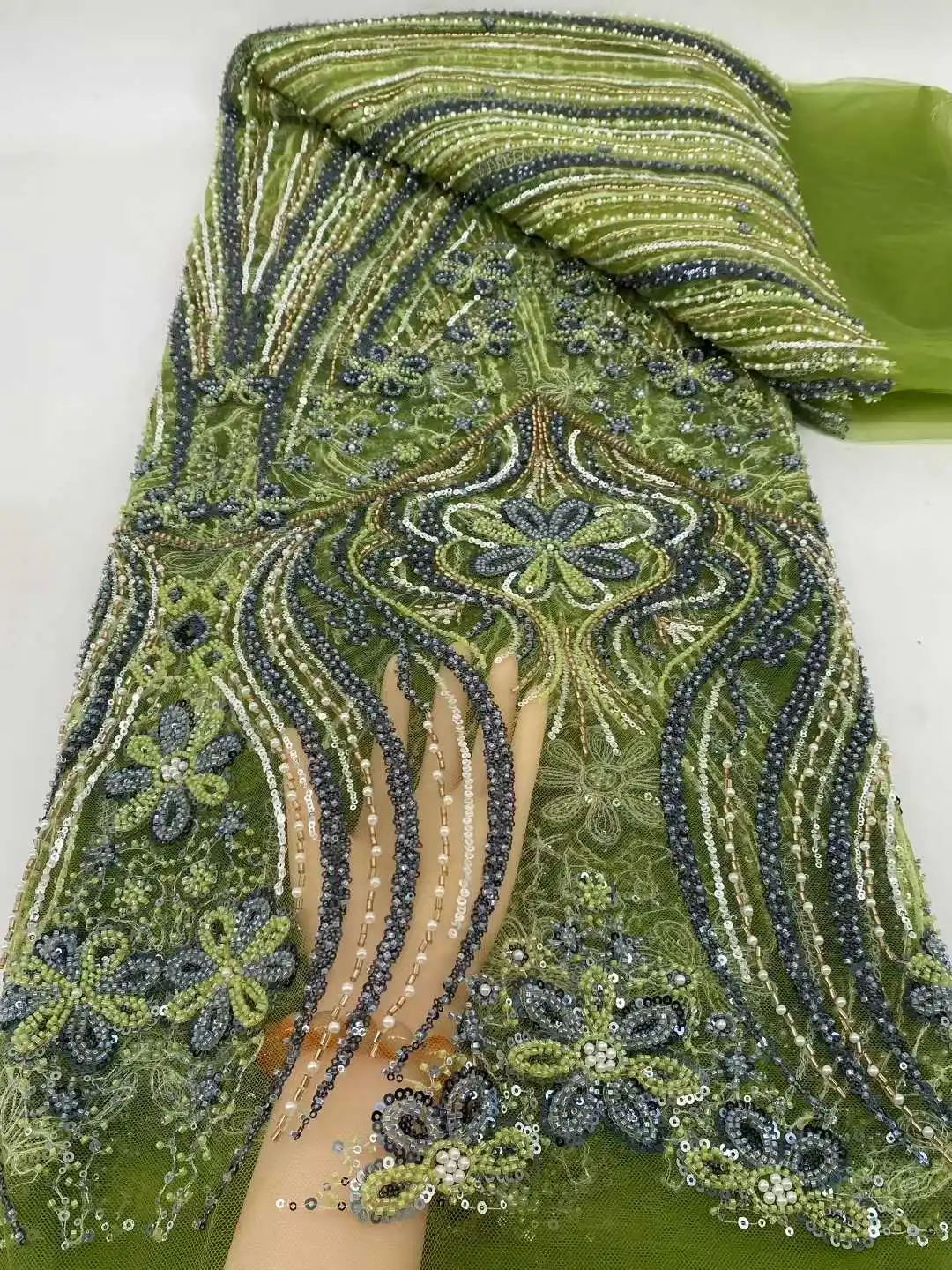 

2025 Green Beaded Lace Fabric African Luxury Fabric 5 Yards Beaded Lace Fabric Nigerian Sequins For Wedding Party Dress Women