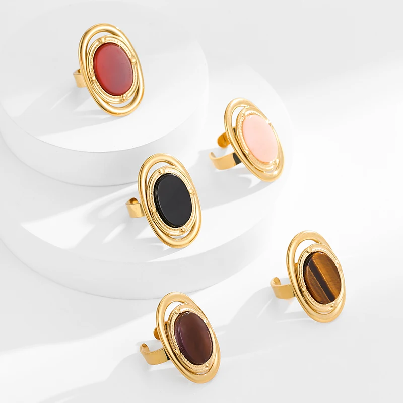 León |   Anillo abierto de piedra Natural, nuevo regalo de aniversario de fiesta de acero inoxidable para mujer, venta al por mayor Vintage
