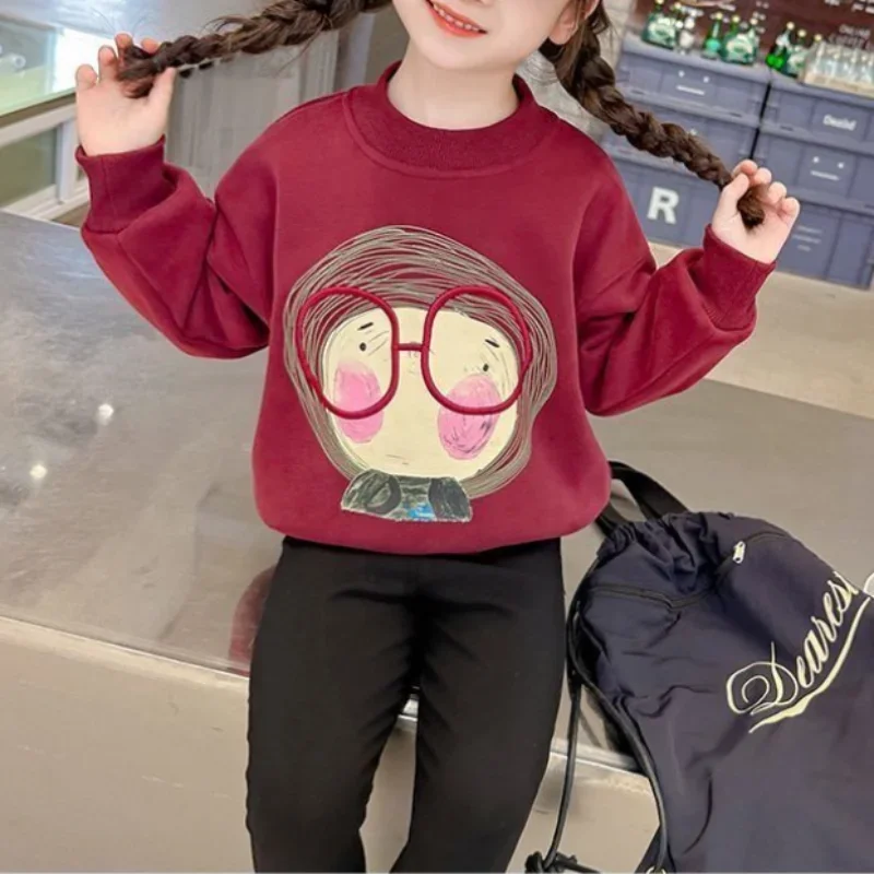 Spring and Autumn Simplicity Printed Round Neck Long Sleeve Plush Pullover Children's Clothing Casual Fashion Versatile 2025