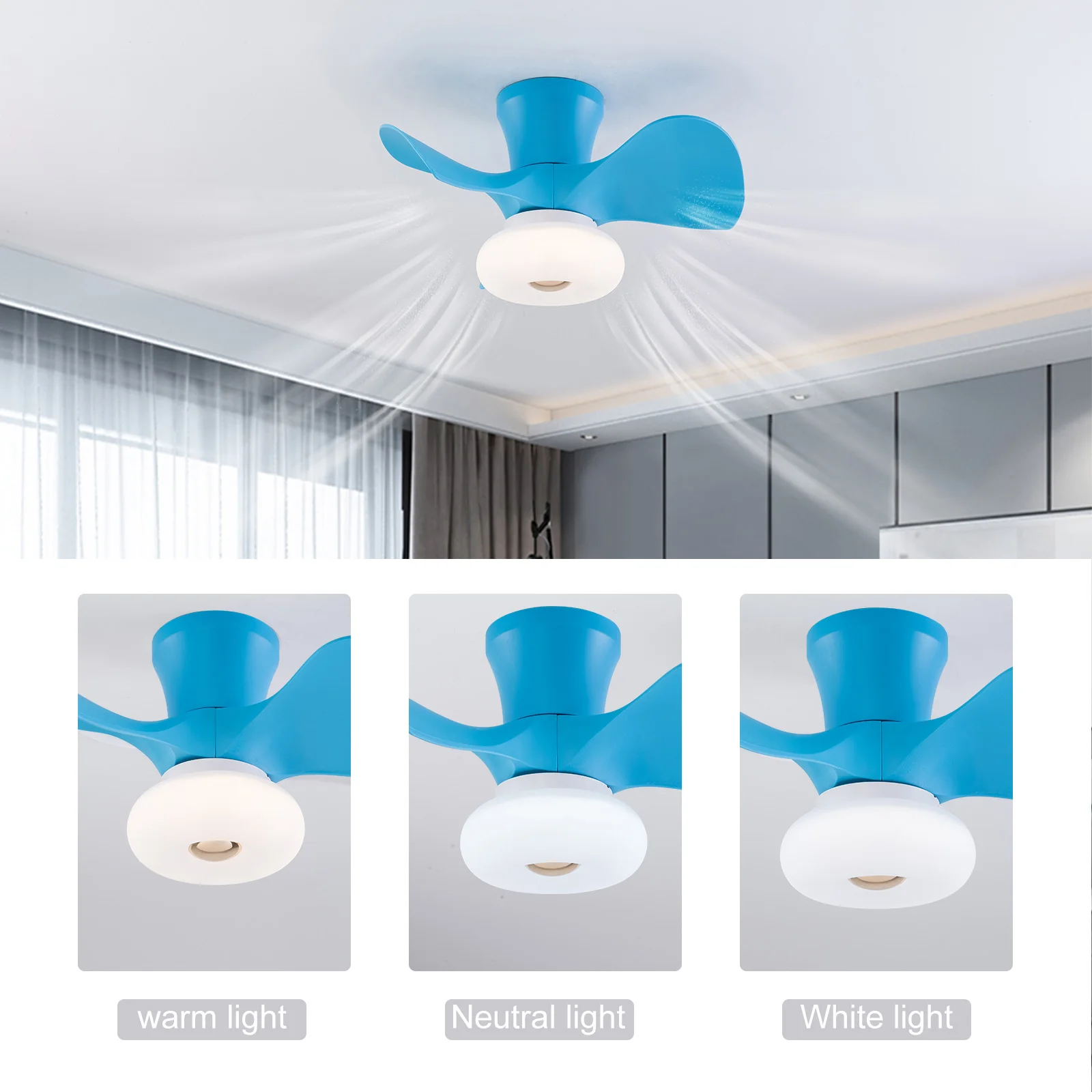 22 pouces 3 couleurs changeantes LED intégrée réversible avec pales ABS ventilateur de plafond Fandelier avec bleu clair