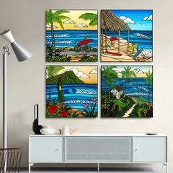 Abstract Beautiful Landscape of The Hawaii Islands Art Canvas Painting Beach Seascape Surfing Posters Pop Art Mural Home Decor