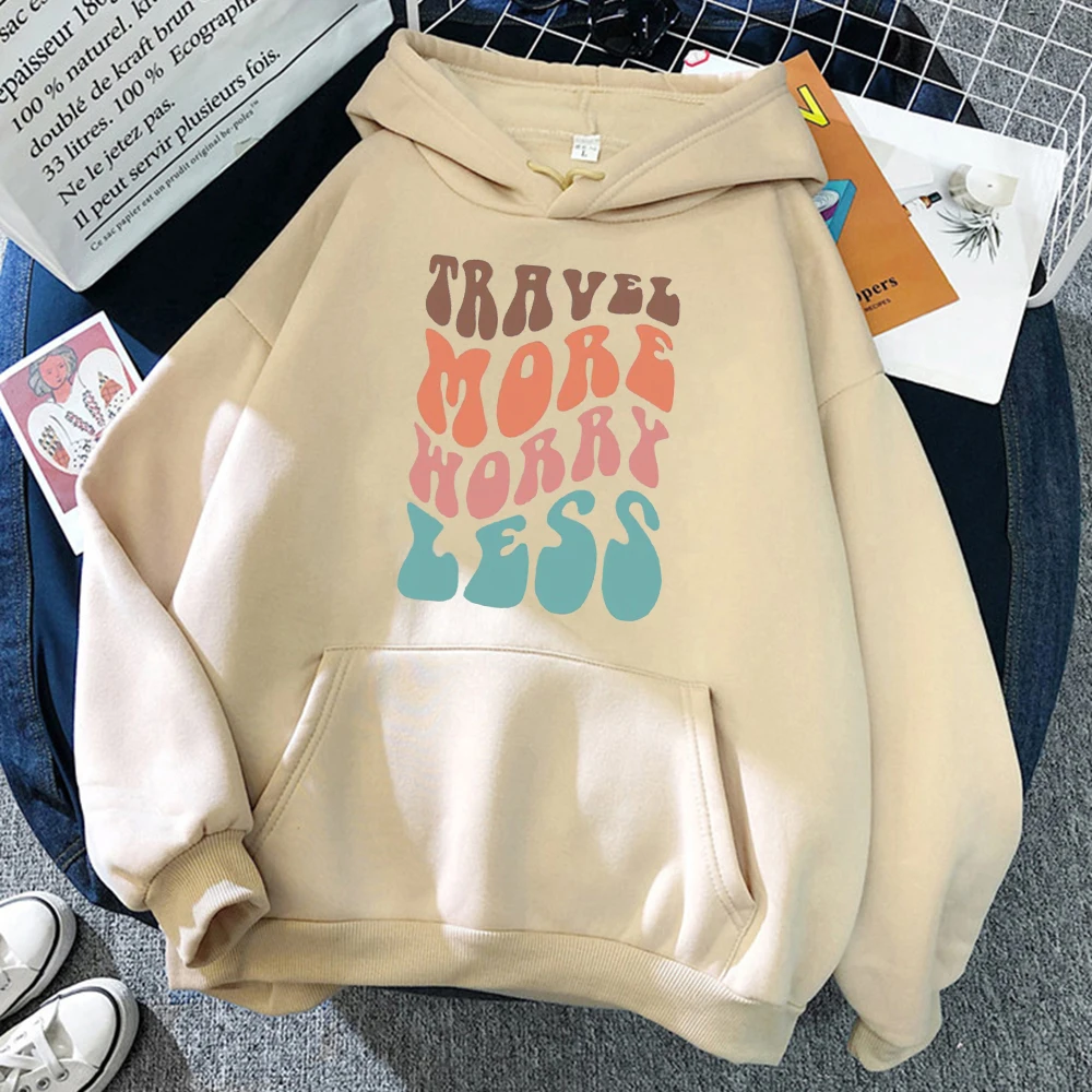 

Travel More Worry Less Slogan Prints Streetwear Men Fashion Hip Hop Clothing Casual Fleece Hoodies Autumn Crewneck Pullover Mens