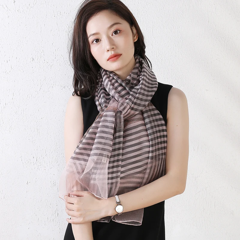 多機能ロングシルクウールブレンドチェック柄スカーフ多用途マルベリーシルクスカーフ春秋冬ショルダーラップ女性用