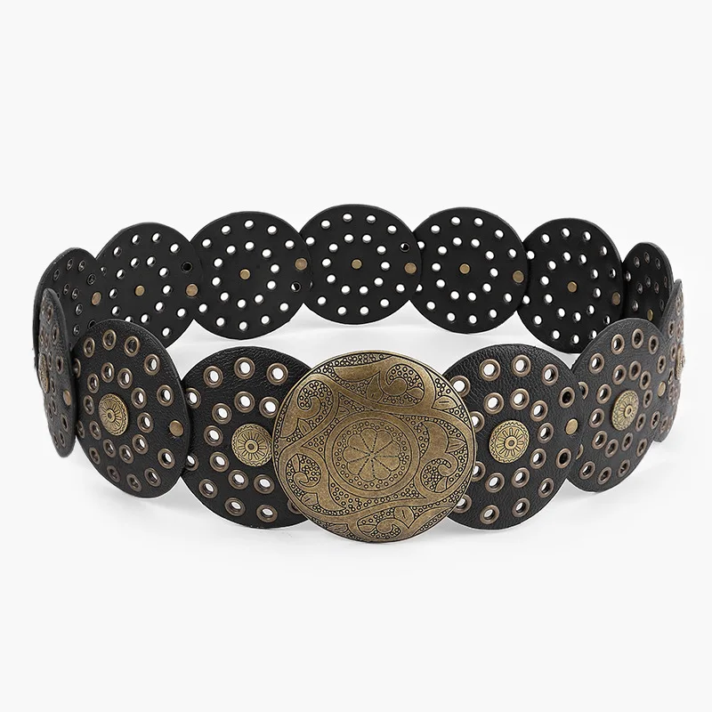 Punk Wide Waist Belt Women Vintage Rivet Studded Faux Leather Disk Charms Gothic Rock Hip Hop Belts