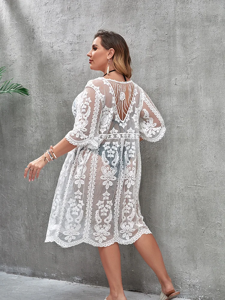 Plus Size Cover Up Tunic Beach Dress Summer Women Beach Wear Boho Swimsuit Ups White Robe Dresses Long Pareo Beachwear