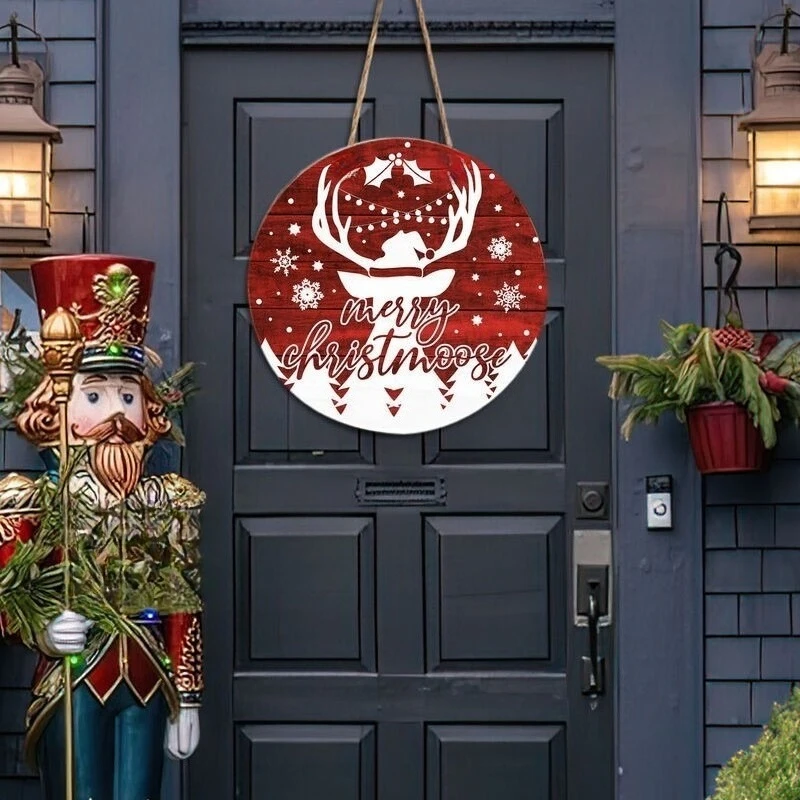 Merry Christmoose snowflakes red design Round Wood Sign Christmas Door Hanger,Holiday Moose Door Sign 12in
