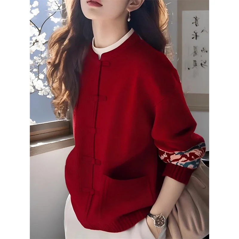 

Весенний женский вязаный кардиган с круглым вырезом, свободный крой, однотонный свитер, корейская мода, длинные рукава, осенний топ