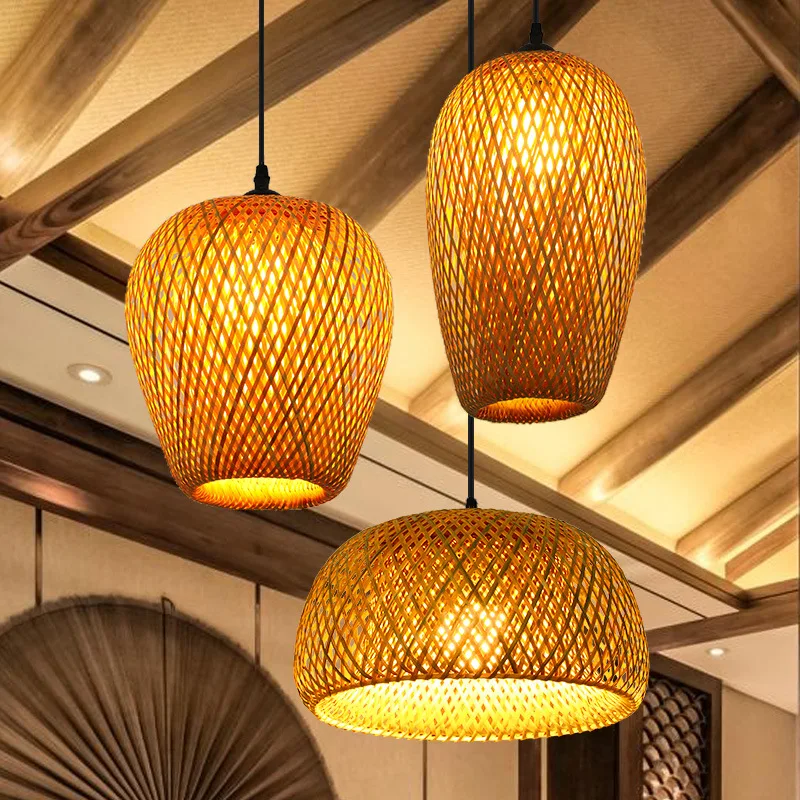 Newest Bamboo Pendant Lamps Ceiling Lights Rattan Wicker Lustre Hand Knit Braiding Suspended Home Dining Braided Decoration HOT