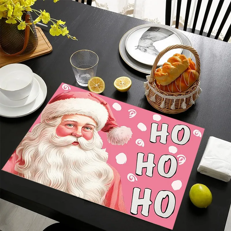 VIKAMA Linen Placemats Christmas Bells Cream Pink, Stain Resistant Easy to Clean, Dining Table Holiday Home Decor