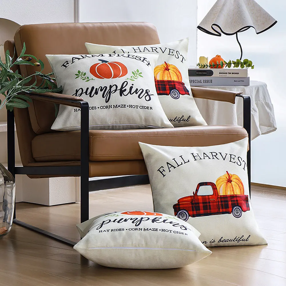 Pack of 2 Thanksgiving Throw Pillow Cover 45x45 Autumn Living Room Pumpkin Printed Decorative Cushion Cover for Sofa Home Decor