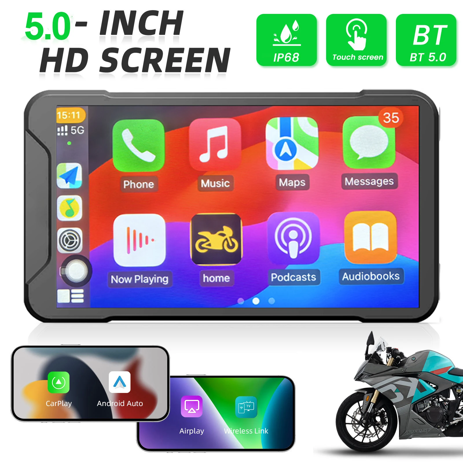 Gravador de Vídeo para Carro e Moto com Tela HD de 5 Polegadas, Navegador Carplay Android Auto, Gravador à Prova d'Água com Bluetooth Duplo