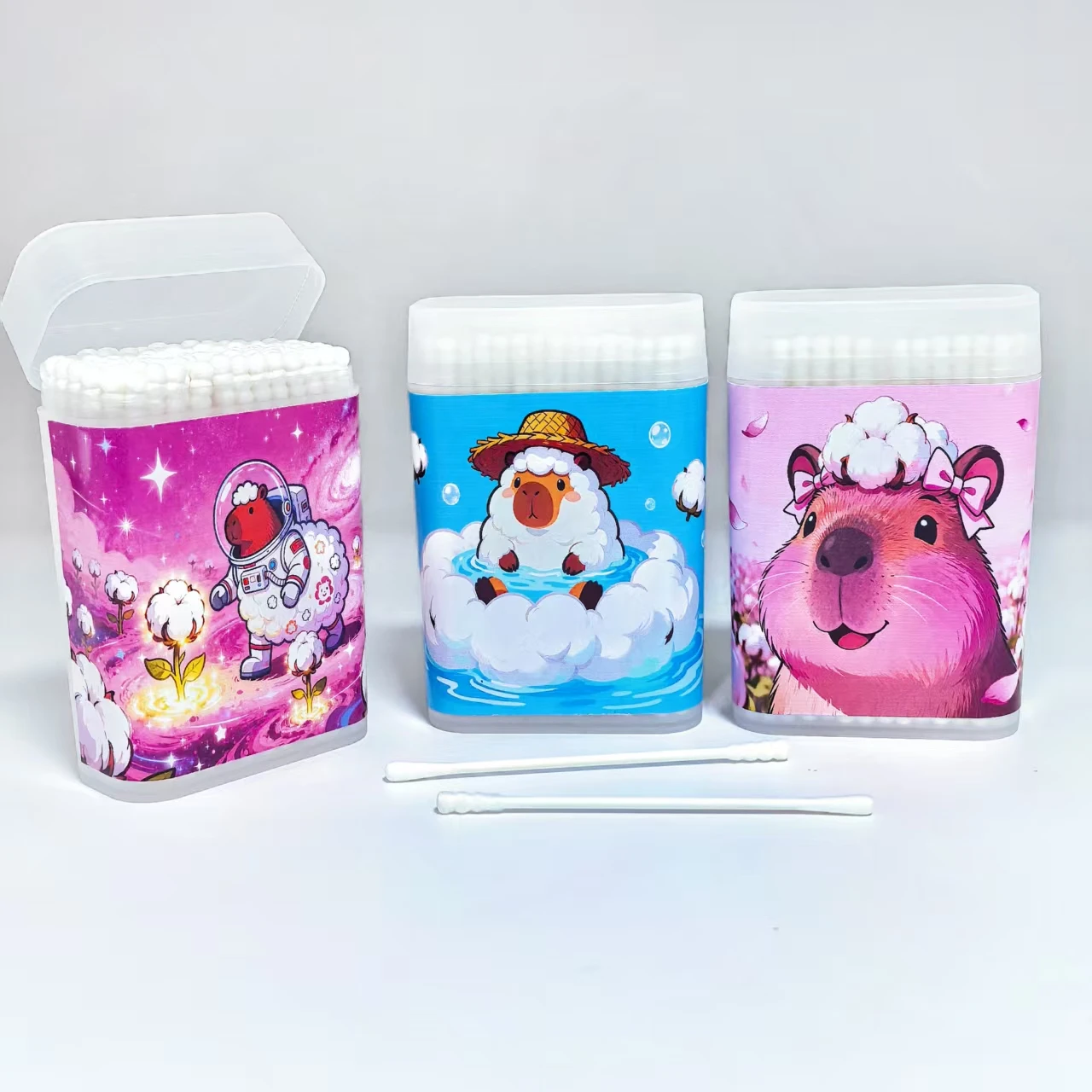 300pcs creative cotton capybara-shaped cotton swabs, round screw, fine shaft, double-headed cotton swabs