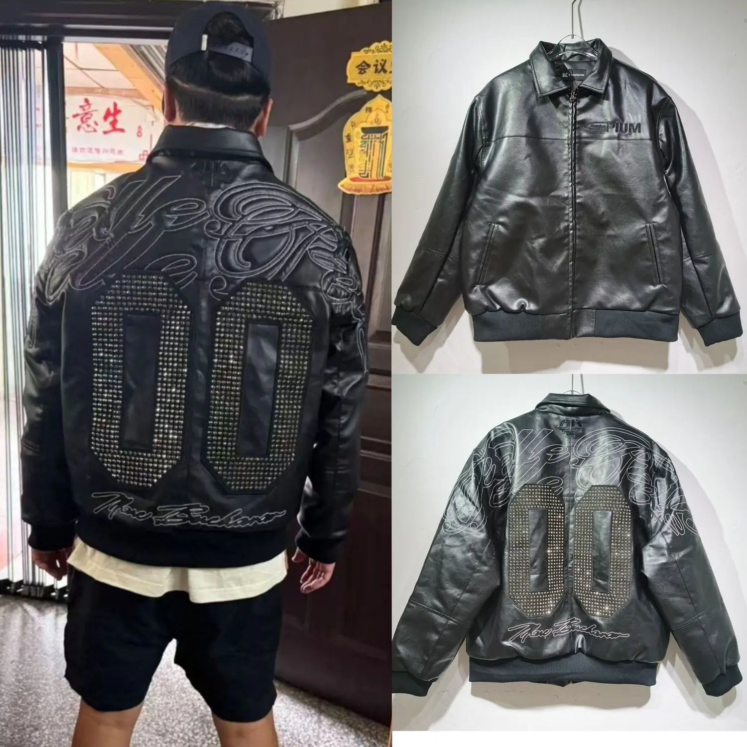 Pelle Locomotive Leather Jackets Full of Nail Diamonds Cotton Heavy Industry Embroidery Joint Series Jacket Coats Men Streetwear - view 2
