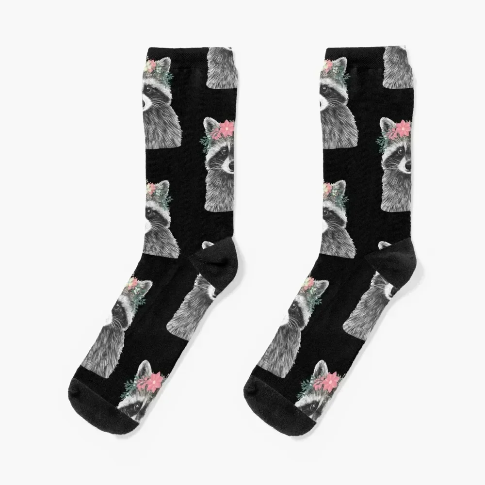 

Raccoon Floral Crown Flowers Funny Cute Animal Raccoon Gift Socks set loose Argentina Luxury Woman Socks Men's