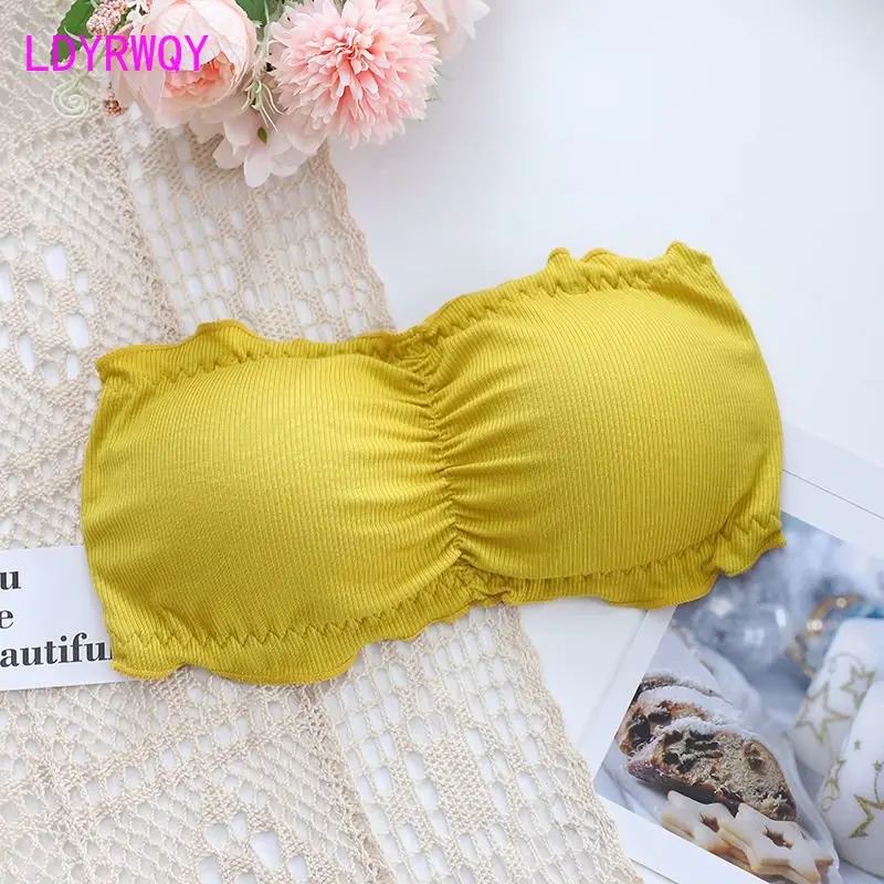 Strapless Back Beauty Women's 2022 Summer New Wrap Chest, Anti slip, Backless, Solid Color, Wooden Ear Edge, Bra Tube Tops