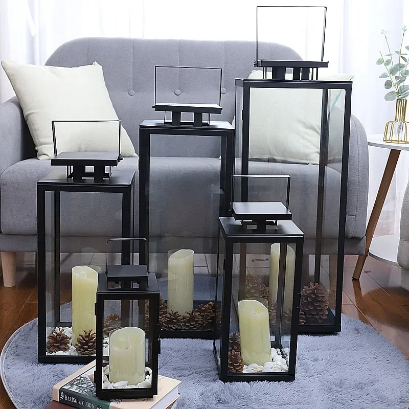 Outdoor Windproof Candle Holder - Black Iron & Glass Nordic Decor No candles included