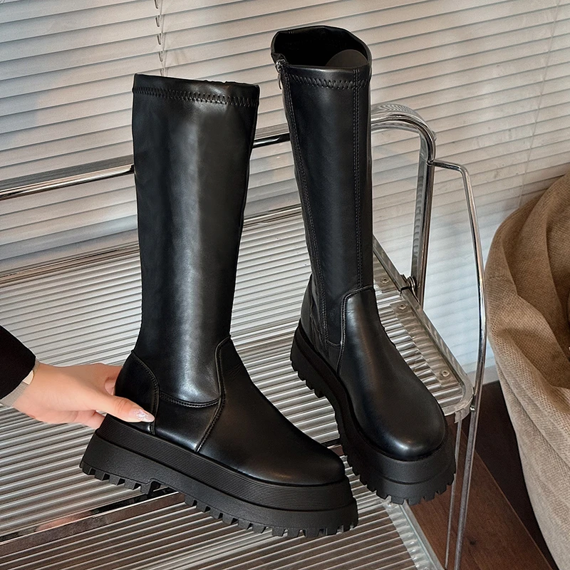 

2025 зимние высокие сапоги на массивной платформе и каблуке, модные женские зимние сапоги до колена на платформе с круглым носком и молнией на толстой подошве
