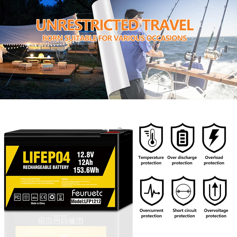 12V 12Ah LiFePO4 Lithium Iron Battery,2000+ Deep Cycle Rechargeable Battery, Built-in BMS for Fish Finder, Scooter, Camping