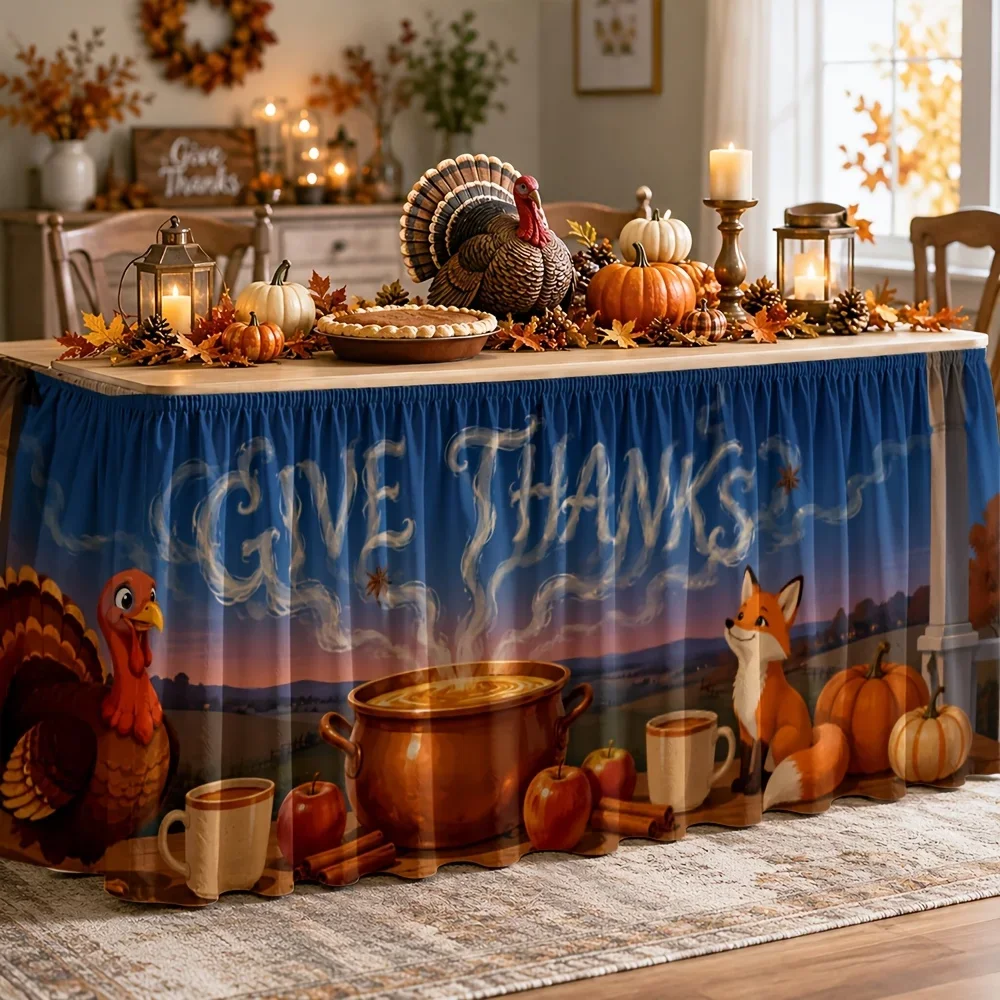 One-piece dining table skirt, Thanksgiving table skirt, autumn harvest, farmhouse style, warm and simple
