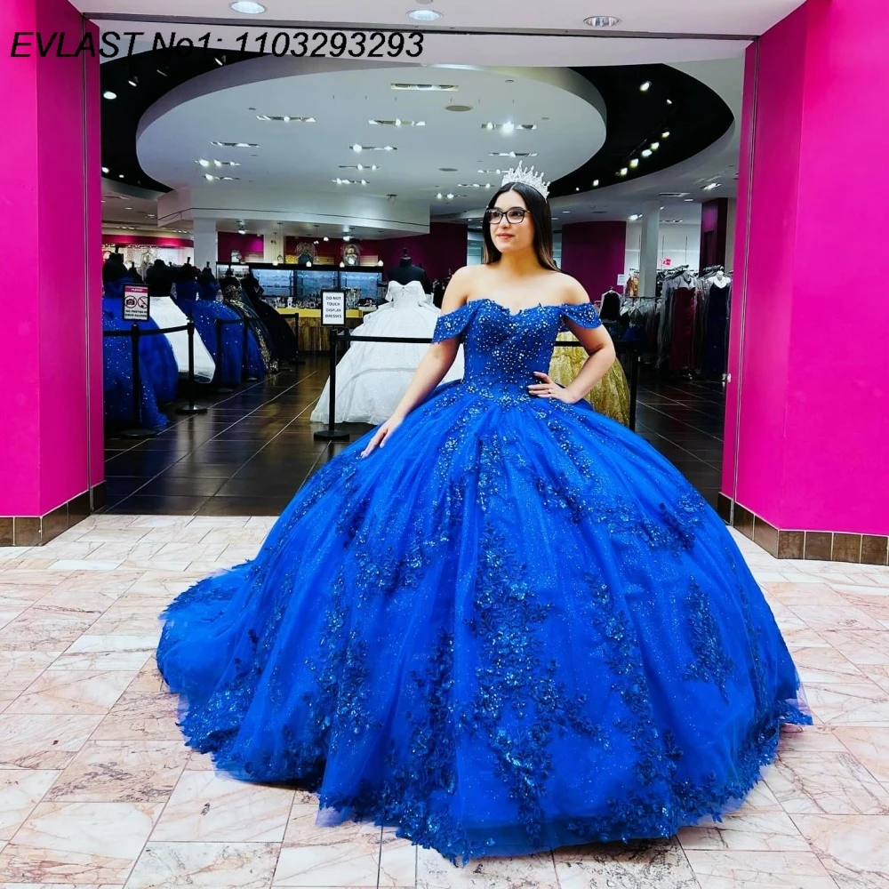 

EVLAST Customized Princess Royal Blue Ball Gown Quinceanera Dress Floral Applique Beaded Bow Sweet 16 Vestidos De 15 Anos E1Q958