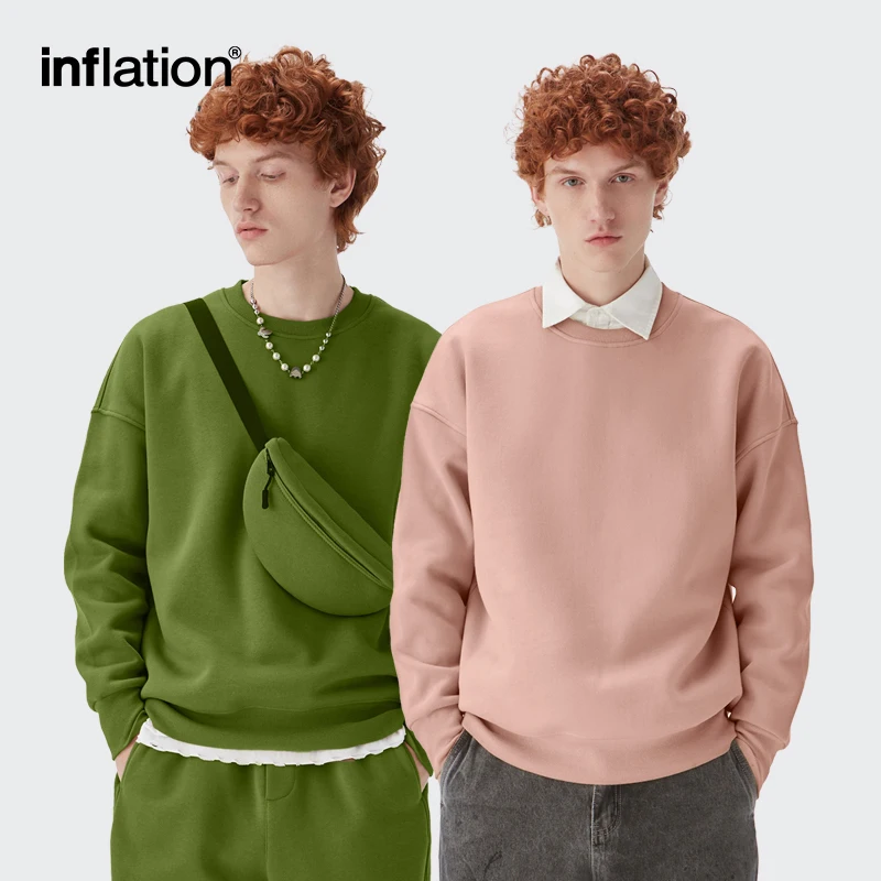 

INFLATION Candy Color Pink Crewneck Sweatshirt Unisex Blank Minimalism Fleece Lined Sweatshirts Plus Size