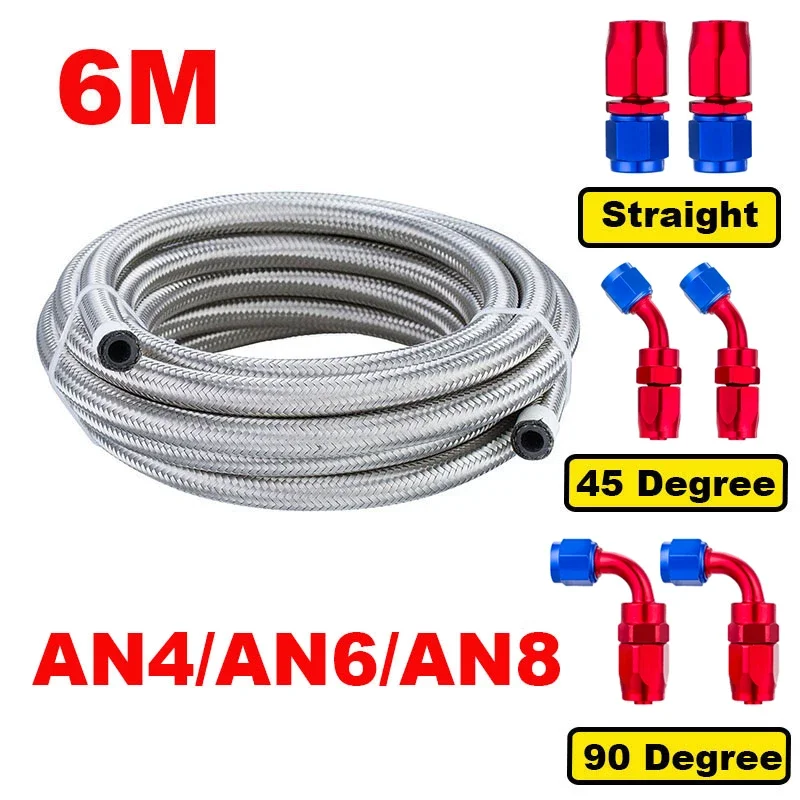 

20FT 6M AN4 AN6 AN8 Stainless Steel Braided CPE Rubber Car Fuel Hose Line 0/45/90 Degree Hose End Fitting Adapters Hose Line Kit