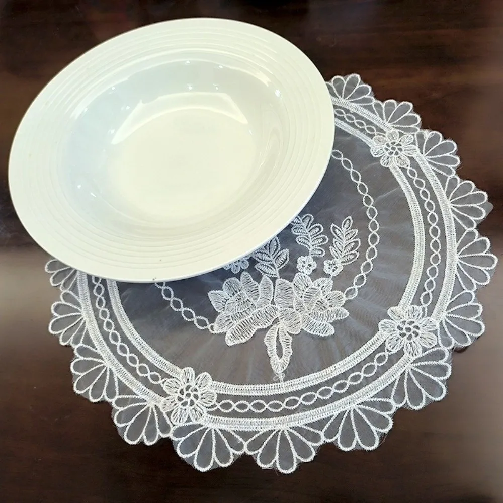 Lace Embroidery Table Cloth Tray Mat Transparent Round Embroidered Lace Placemat European White Coffee Coaster Beside Table