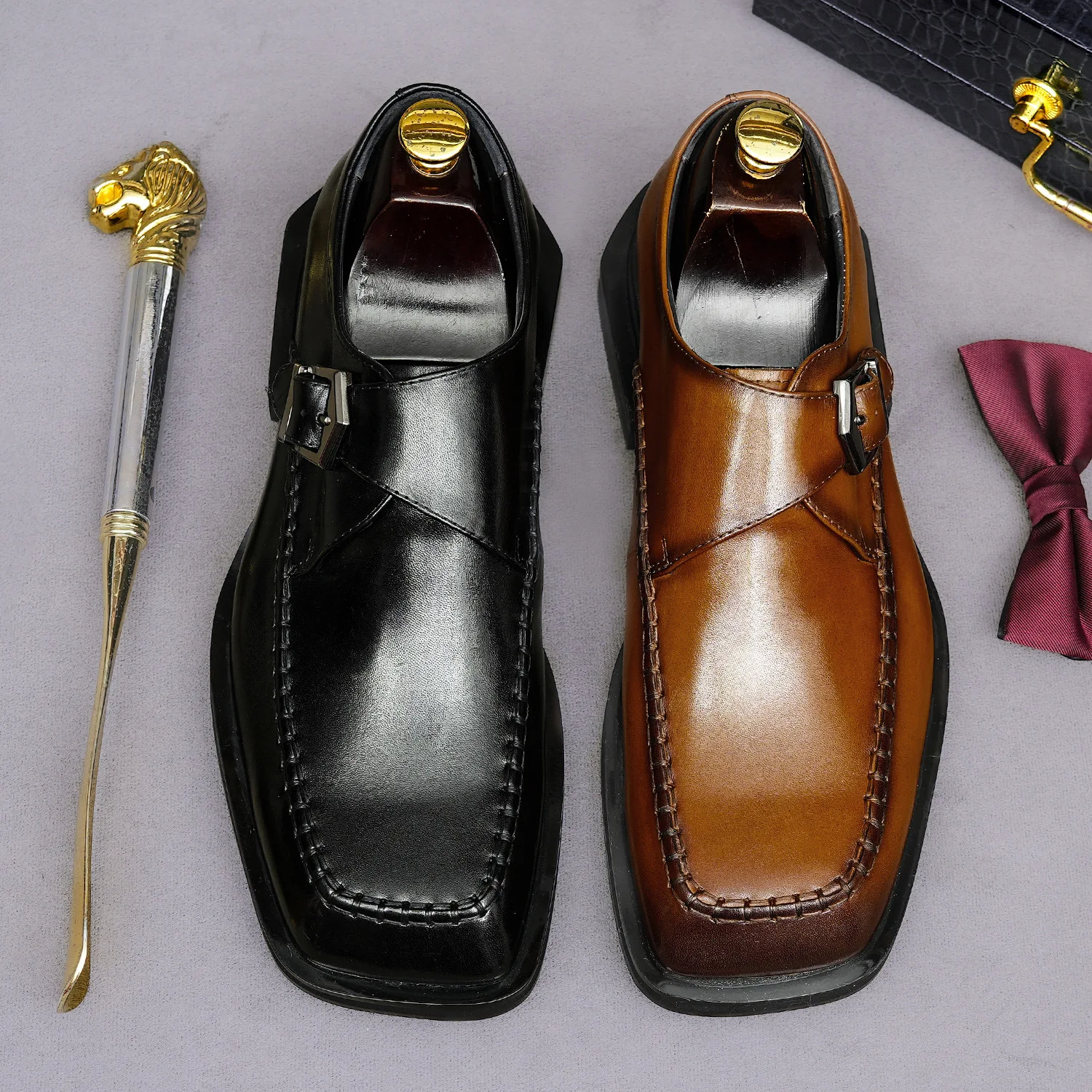 Genuine Leather Monk Strap Shoes Classic Single Buckle Monk Strap Design with Unique Square Toe Retro Luxury Formal Silhouette
