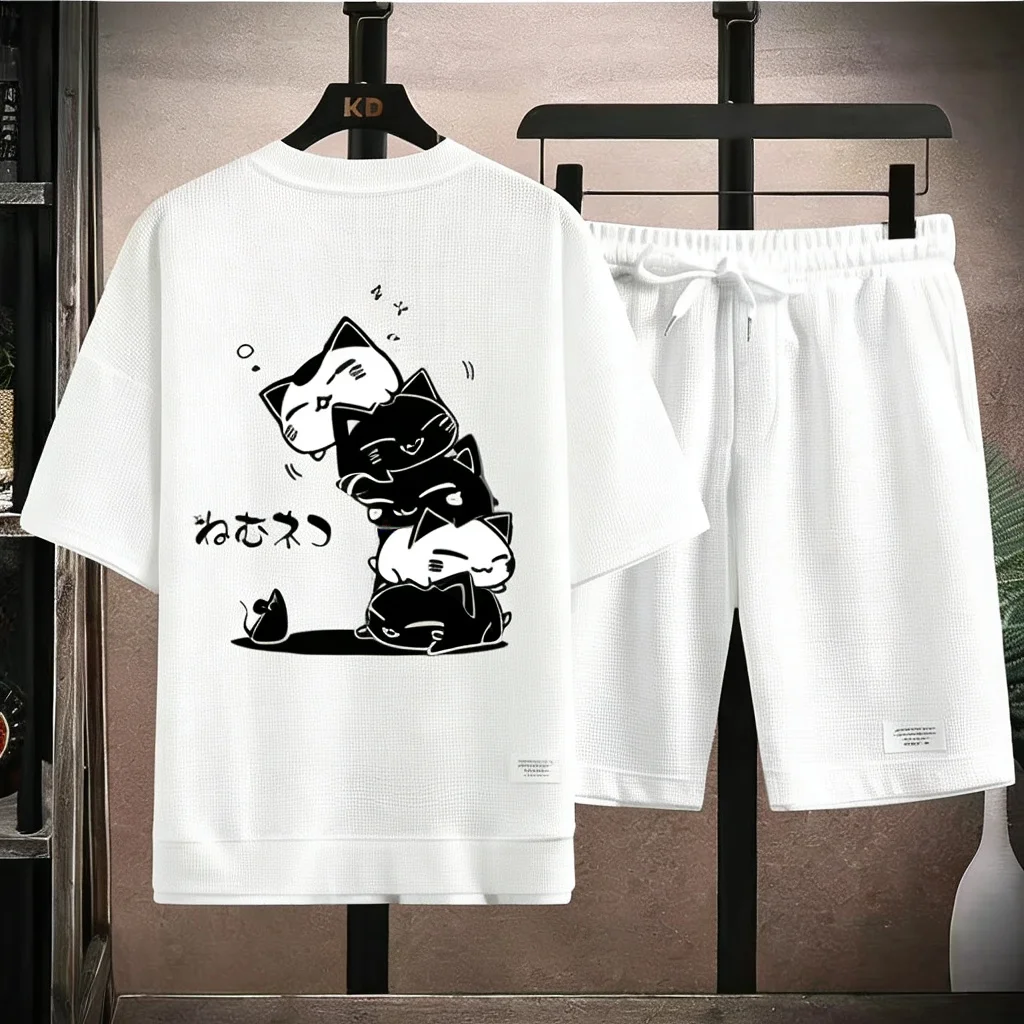 

West Coast Style Waffle Tracksuit Men California Palm Tree Graphic T-Shirt And Shorts Set Fashion Outfit
