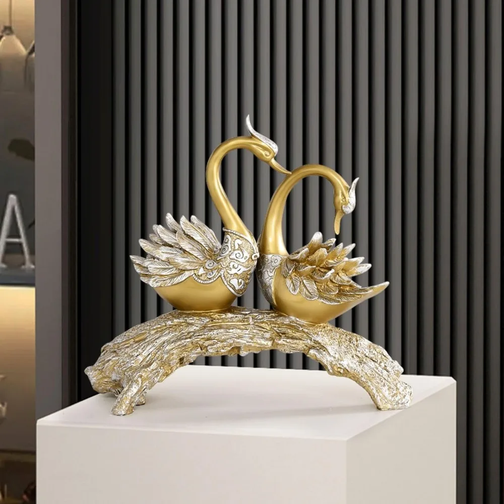 

14.2" Gold Couple Swan Figurine Modern Simulation Animal Sculpture Art Ornament Home Table Statue Decor
