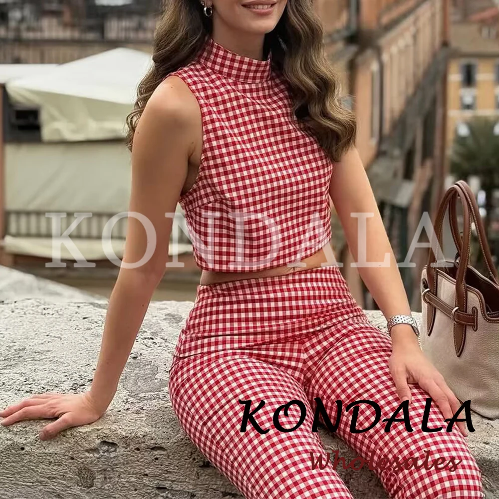 KONDALA Chic 2026 Women Red Plaid Y2K Vintage Suit Slim Short Vest+Zipper Long Slim Capri Pants Casual Spring Elegant Female Set view 4