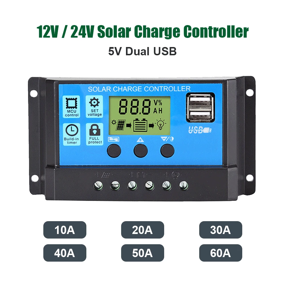 

Solar Charge Controller 10A 20A 30A 40A 50A 60A PWM Control 12V 24V Automatic Identification 5V Dual USB Output Solar Controller