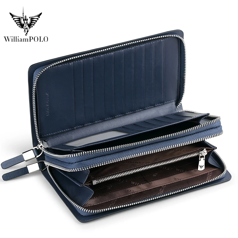 Brand Men Clutch Bag Fashion Leather Long Purse Wallet Black Blue Male Casual Handy Bag Double Zipper Business RFID