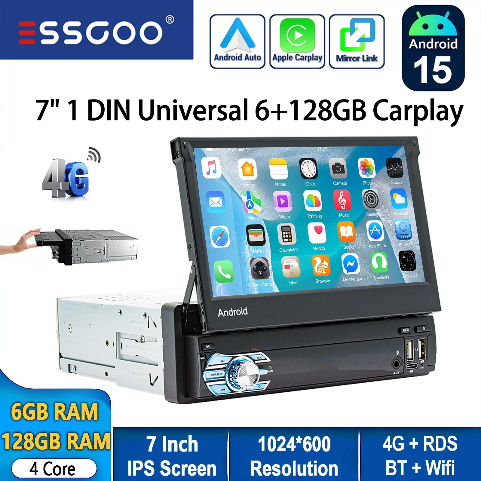 Autoradio ESSGOO Android 15 7 Inch 6+128G 1 DIN 8 Kern Uitklapbaar Touchscreen Draadloze CarPlay Android Auto GPS Navigatie WIFI RDS Bluetooth Stuurwielbediening 4G FM USB Type-C AUX
